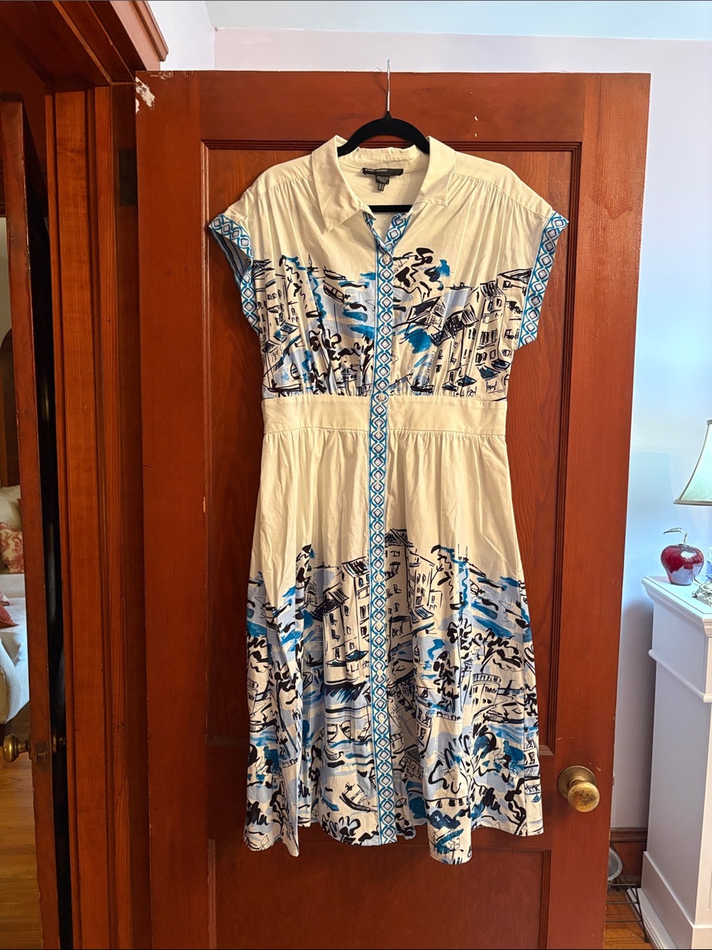 Maggy London Fitted Blue & White Printed Shirt Dress